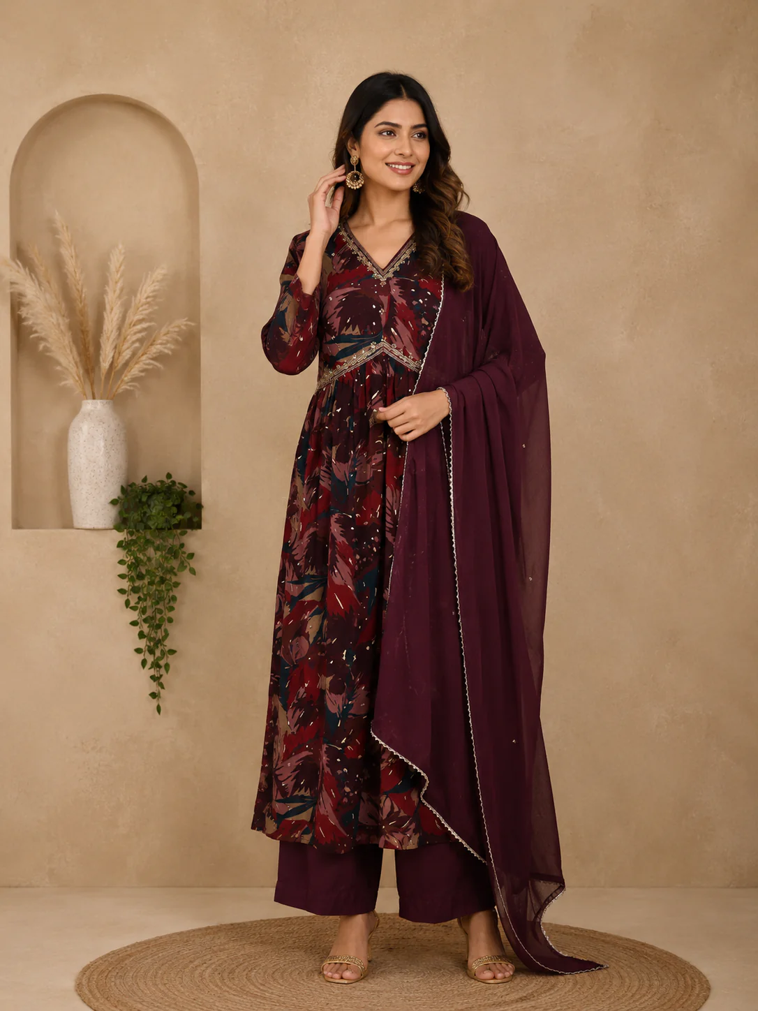Maroon Multi-Color Floral Printed Anarkali Satin Salwar Suit